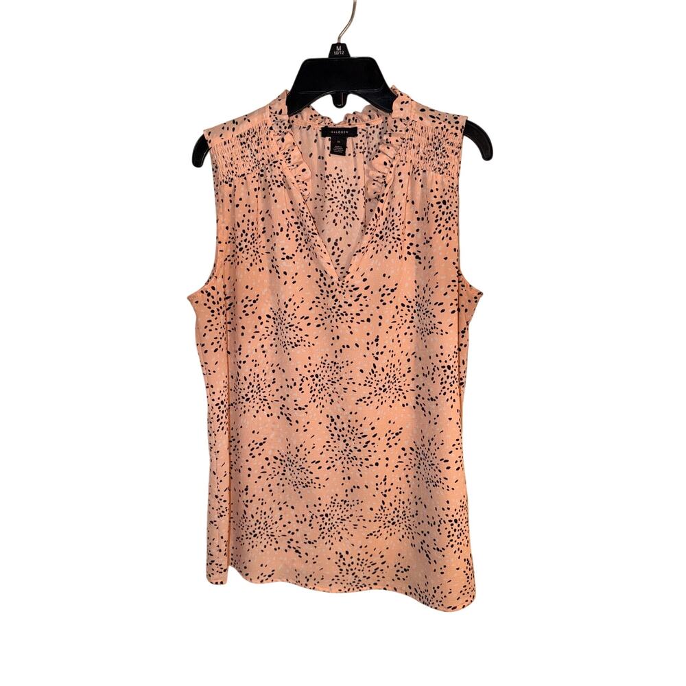 Halogen Women’s Medium Peach Abstract Print Ruffle Neck Sleeveless Blouse